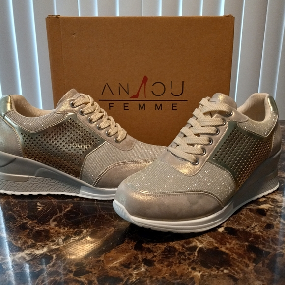 ANJOU Femme Heel Gold and Silver Sneakers - Picture 1 of 2